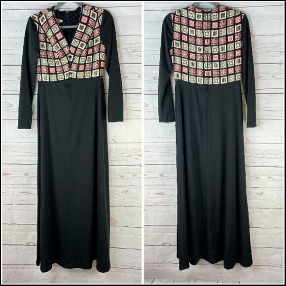 Nancy's Dresses & Skirts - Vintage Nancy's‎ Women's Black Patchwork Long Sleeve Floor Length Dress Size S